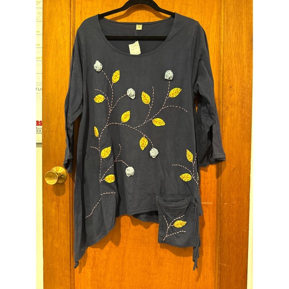 Tunic navy blue appliqué flowers‎ made in Nepal L/XL embroidered pocket cotton - Picture 1 of 9